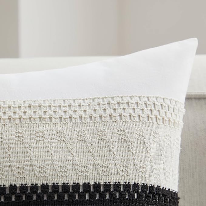 2pk Boho Pillow Covers 18x18, Natural White/Contrast/Black | 100% Organic Cotton Body, Stripe Embroidery, Farmhouse Decorative Cushion Covers for Sofa Bed Living Room Home Decor