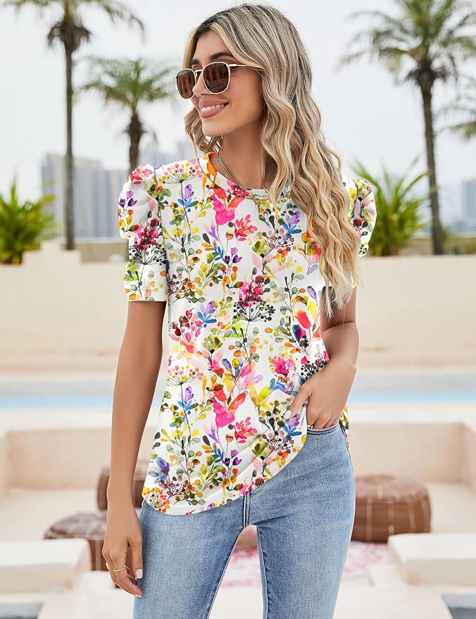 Ivicoer Puff Short Sleeve Shirt for Women Eyelet Tops Summer Crewneck Blouse Loose Fit S-XXL
