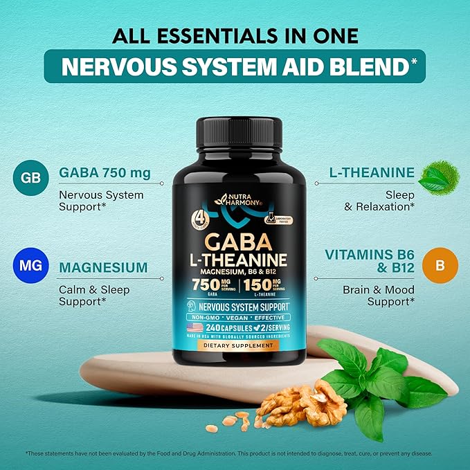 GABA L-Theanine 900 mg - Made in USA - Magnesium | Vitamin B6 - Calm, Sleep, Relaxation & Mood Support - 750 mg Gamma AminoButyric Acid, 150 mg L-Theanine - Non-Habit Forming, Vegan - 240 Capsules