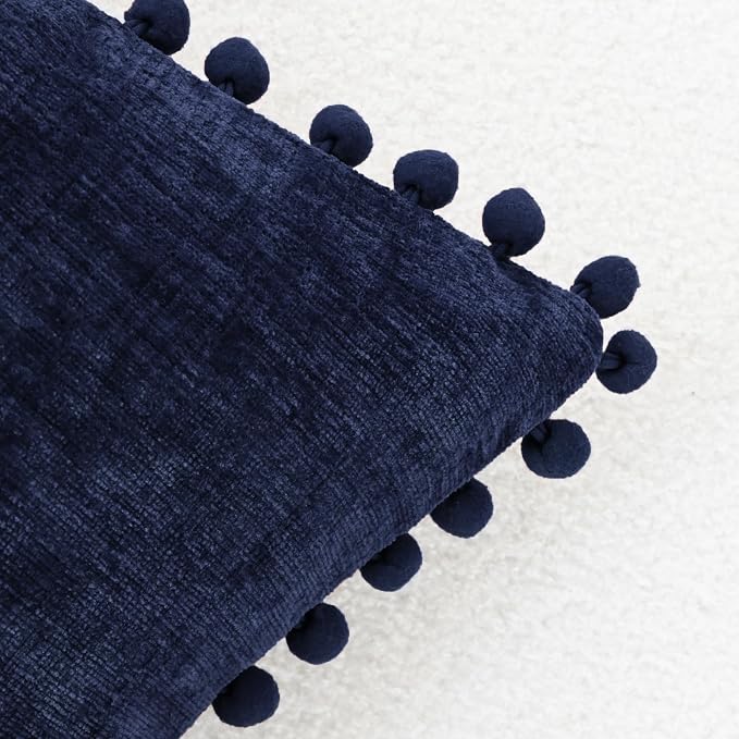 CaliTime Decorative Couch Throw Pillow Covers 16 X 16 Inches Navy Blue | Pack of 2, Cozy Chenille Cushion Cases, with Pom Poms for Sofa Bed Living Room Farmhouse Home