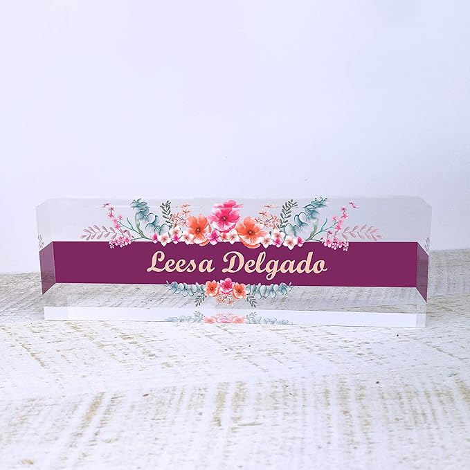 Artblox Office Desk Name Plate Personalized | Custom Name Plates for Desks | Wild Flowers Design On Clear Acrylic Glass | Office Desk Decor - (8" x 2.5")