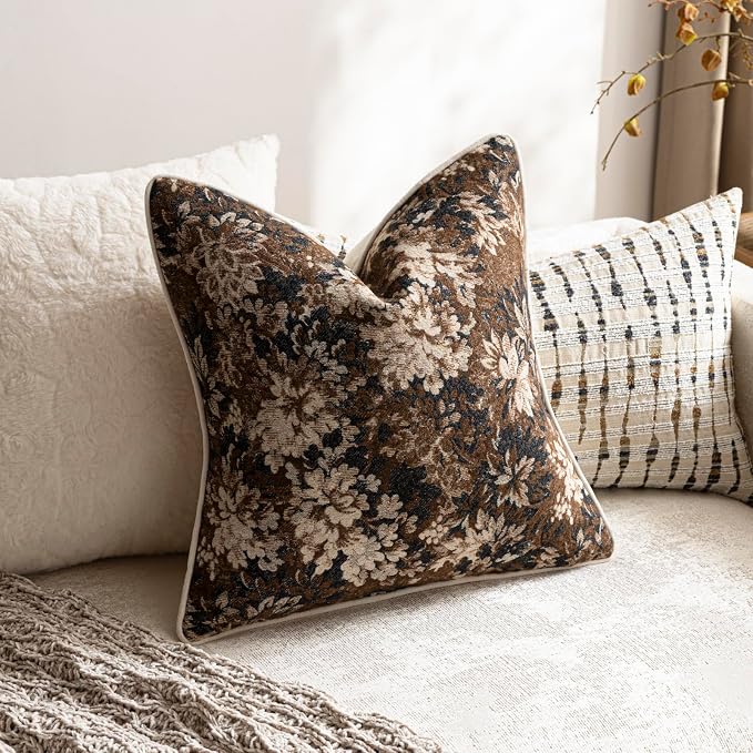 Pack of 2 Vintage Floral Throw Pillow Covers 22x22 Boho Farmhouse Accents Chenille Square Decorative Pillow Cases for Living Room Couch Bed Home Decor, Dark Brown