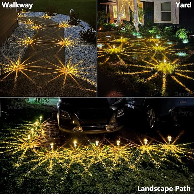 DenicMic 10 Pack Solar Pathway Lights Outdoor Waterproof Warm White LED | Stainless Steel Stake Lights for Garden Patio Backyard Driveway Walkway Lawn Auto On/Off 3000K Diamond-like Acrylic Lens