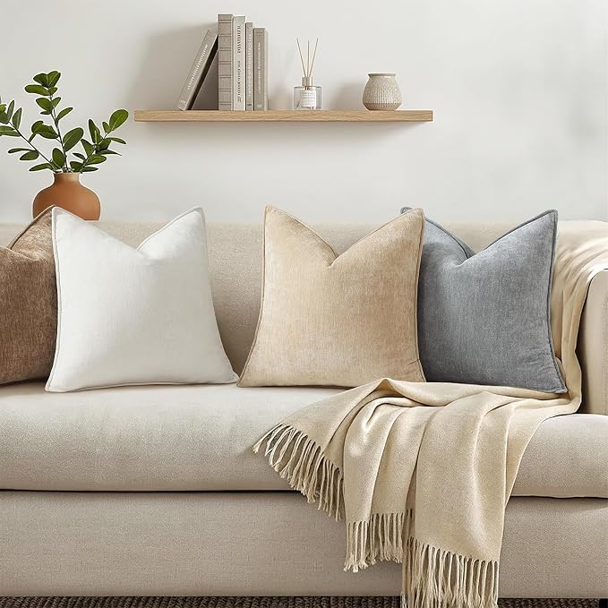 decorUhome Chenille Cream White Velvet Throw Pillow Covers 22x22 Set of 2 | Fall Soft Euro Sham Couch Decorative Modern Farmhouse Pillow Cases with Elegant Design for Sofa Bed Living Room Home Decor