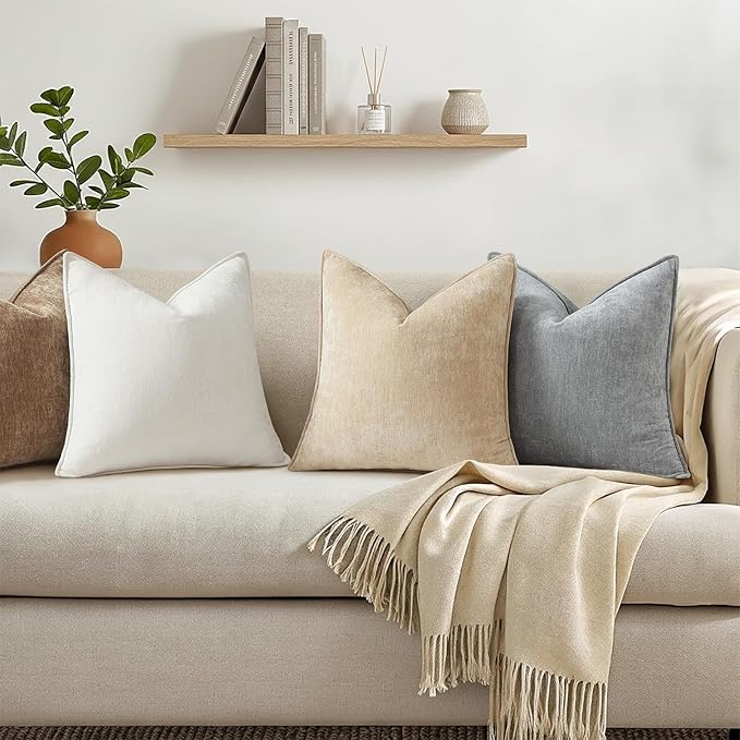 decorUhome Chenille Cream White Velvet Throw Pillow Covers 24x24 Set of 2 | Fall Soft Euro Sham Couch Decorative Modern Farmhouse Pillow Cases with Elegant Design for Sofa Bed Living Room Home Decor