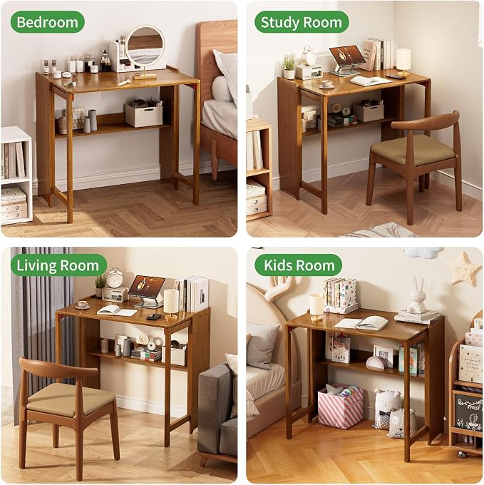 Folding Desk for Small Spaces, Bamboo Foldable Desk with Storage, Brown | Small Computer Desk with Bookshelf, Mid Century, Fold Out，Compact Size, for Bedroom, Living Room, Apartment, Home Office