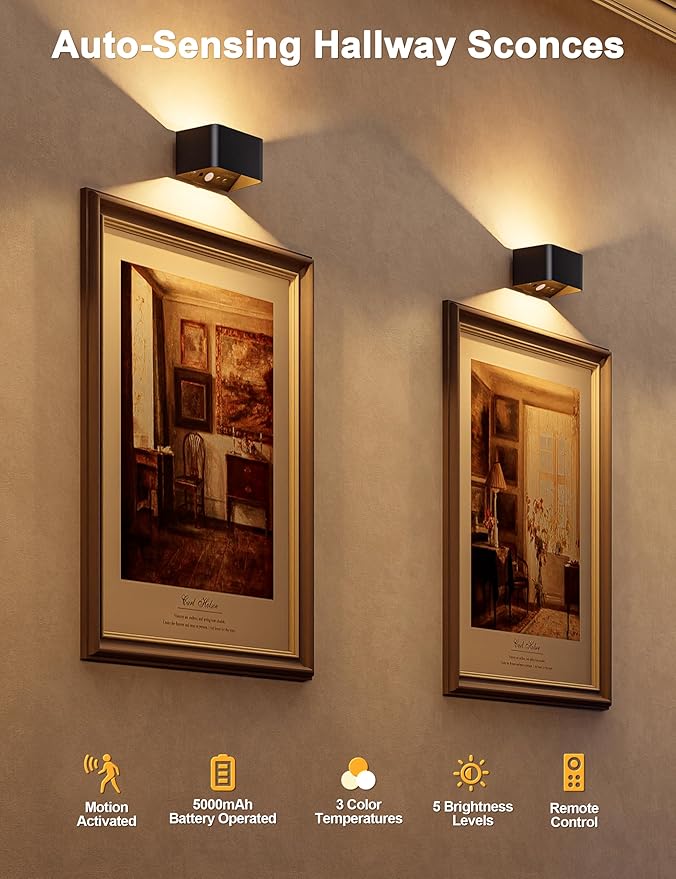 NIORSUN Motion Sensor Wall Light, 5000mAh Battery Operated Wall Sconce with Remote, 3CCT Dimmable Rechargeable Wall Lights,Wireless Sconces for Living Room Bedroom Hallway