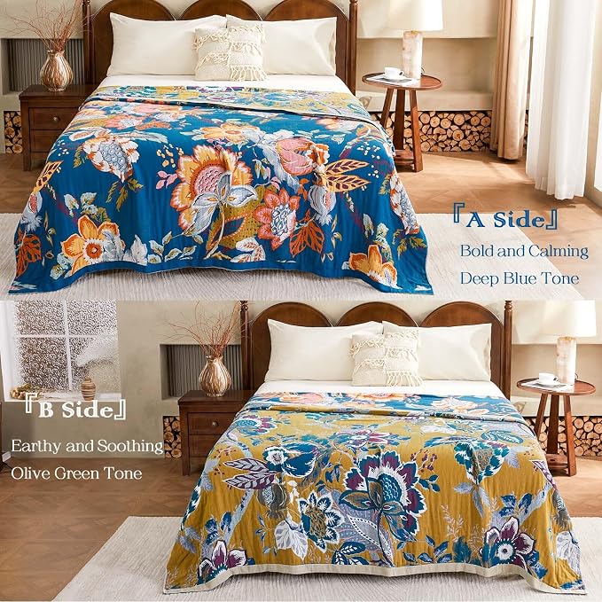 XIBLC Boho Throw Blanket, Blue Lightweight Blankets for Summer, 100% Cotton Bohemian Decorative Throw Blanket, 80"x90" Reversible Muslin Breathable Woven Farmhouse Blankets Quilt,