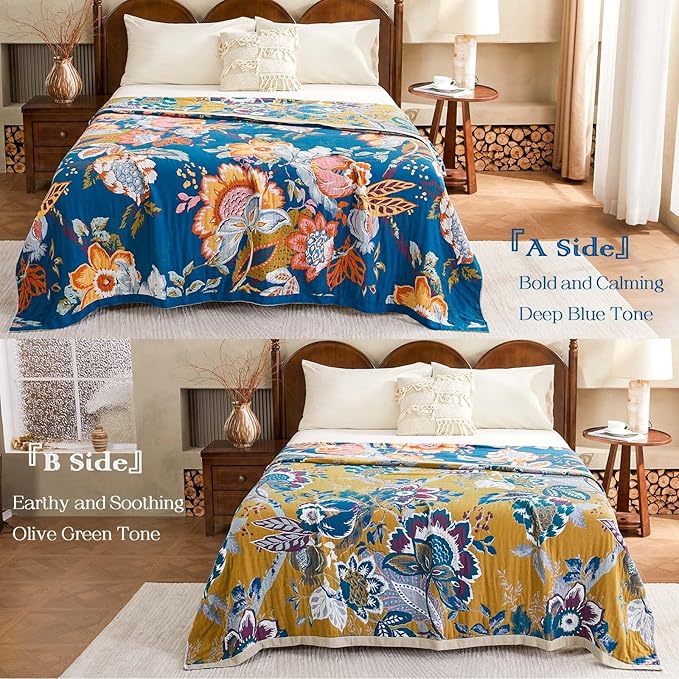 XIBLC Boho Throw Blanket, Blue Lightweight Blankets for Summer, 100% Cotton Bohemian Decorative Throw Blanket, 50"x60" Reversible Muslin Breathable Woven Farmhouse Blankets Quilt,