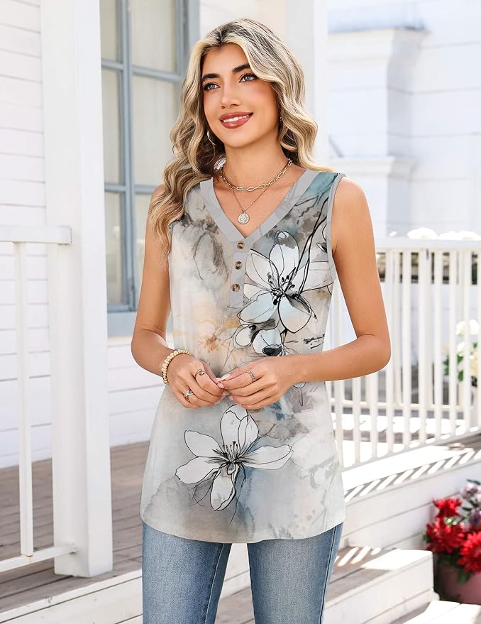 Zeagoo Tank Tops for Women 2026 Summer Top Henley Shirts Dressy Casual Loose Fit V-Neck Button Down Sleeveless Tshirt Blouse