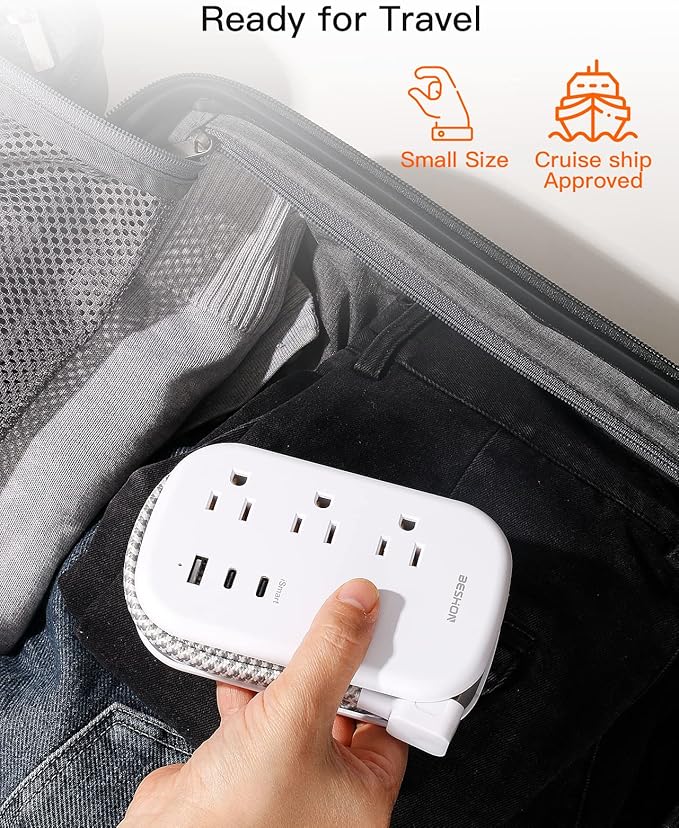 BESHON Flat Plug Power Strip, 3 Outlets with 3 USB Ports(2 USB C), Ultra Flat 3.2ft Wrapped Around Extension Cord for Cruise Ship, Travel, Dorm Room Essentials