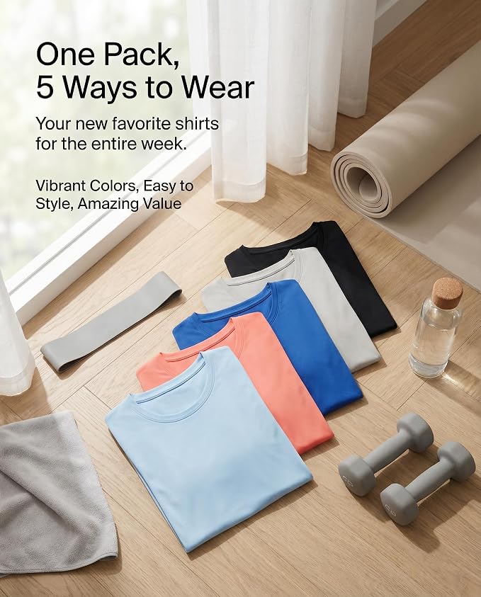 5 Pack Women's Dry Fit Short Sleeve Athletic Gym Workout Running Tops | Available in Plus Size, Exercise, Sports, Fitness, Quick Dry, Cooling, Moisture Wicking, Loose Basic Tees, Yoga, Pilates