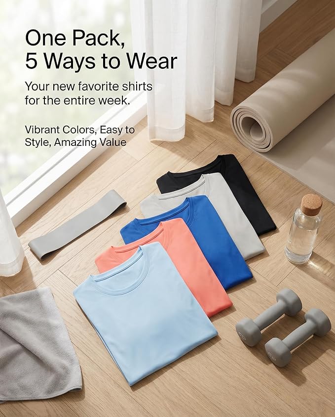 5 Pack Women's Dry Fit Short Sleeve Athletic Gym Workout Running Tops | Available in Plus Size, Exercise, Sports, Fitness, Quick Dry, Cooling, Moisture Wicking, Loose Basic Tees, Yoga, Pilates