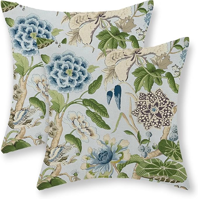 Baby Blue Green Pillow Covers 16x16 Inch Set of 2 Vintage Blue Floral Throw Pillows Chinoiserie Flower Decorative Pillow Case Outdoor Linen Farmhouse Cushion Cover for Couch Sofa Decorations