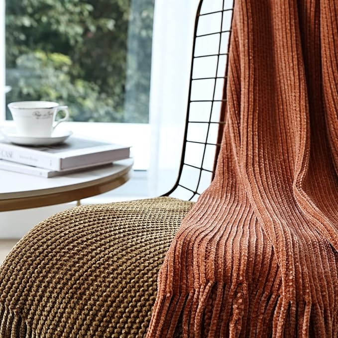 CREVENT Farmhouse Rust Chenille Throw Blanket for Couch Sofa Chair Bed Home Decoration, Soft Warm Cozy Knit Blanket for Spring (50''X60'' Caramel / Brown / Burnt Orange)