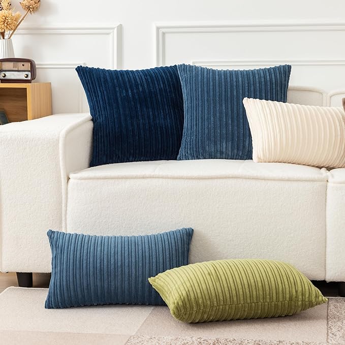 UGASA 14x20 Inch Pillow Cover Pack of 1 Soft Boho Stripe Corduroy Long Rectangular Lumbar Cushion Cover Farmhouse Decorative Throw Pillowcase for Bed, Couch, Sofa, Bedroom, Living Room, Dusty Blue