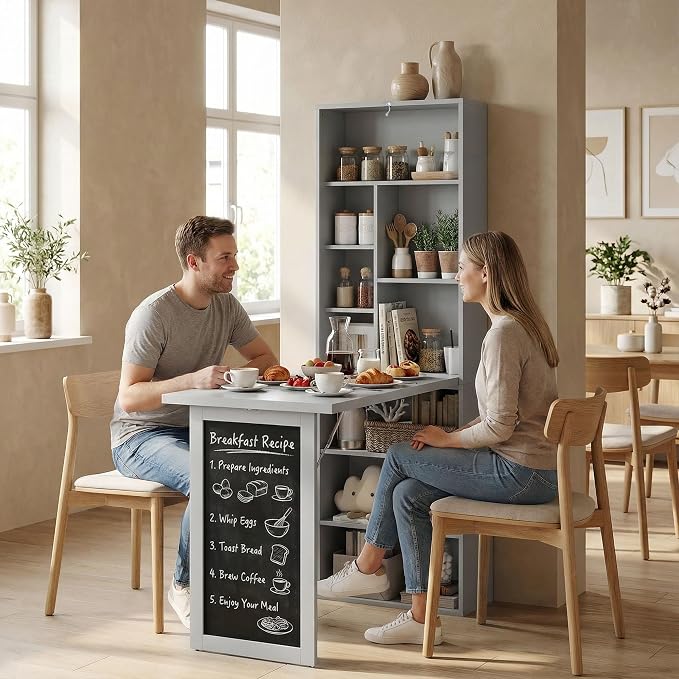 HOMCOM Foldable Desk Wall Mounted Convertible Table for Small Spaces, Gray | Wall Mounted, Space-Saving, Chalkboard, Storage Shelves, for Small Spaces, Home Office, Bedroom, Dorm, Apartment
