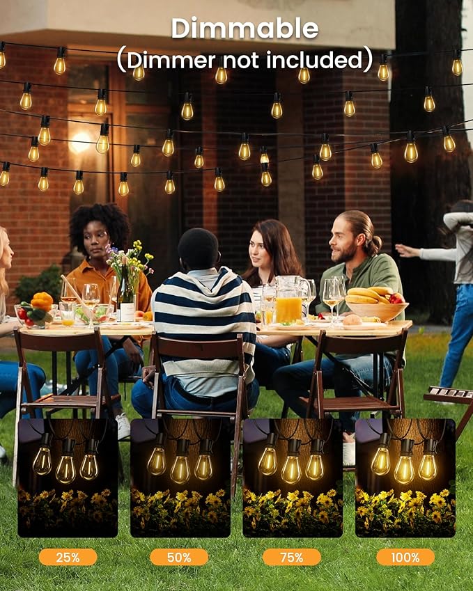 Torkase 60FT Solar Outdoor String Lights, 18+1 Shatterproof LED Bulbs, Waterproof, USB Rechargeable, 2200K Warm White, Energy-Saving Hanging Patio Lights for Garden, Porch, Bistro, Deck, Camping