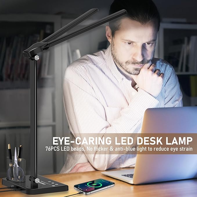 Dimmable LED Desk Lamp with USB Charging Port, 50 Lighting Modes Dual Swing Arm Architect Table Lamp Light Desk Lamp for Home Office Dorm Piano Nail