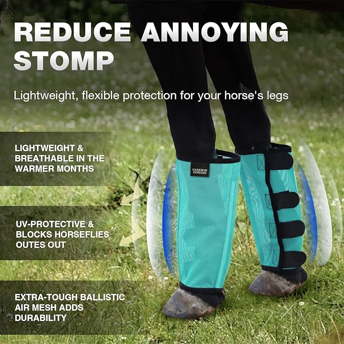 Harrison Howard Loose Fitting Fly Boots UV-Protective Extra Tough Mesh Ventilated Four Fasteners Stay-on Design Protect Horse Legs & Stomp-Reducing Set of 4 Mint Mini