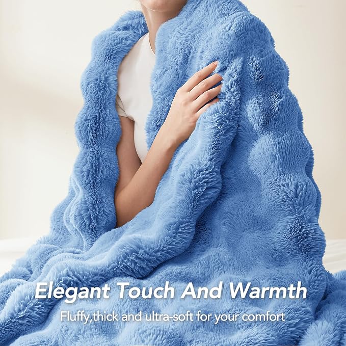 L'AGRATY Faux Rabbit Fur Throw Blanket for Couch, 60'' x 80'', Airy Blue | Soft Cozy Bubble Fluffy Blanket for Sofa Bed, Thick Warm Plush Fuzzy Throw for Room Home Decor, Luxury Gift for Women Mom