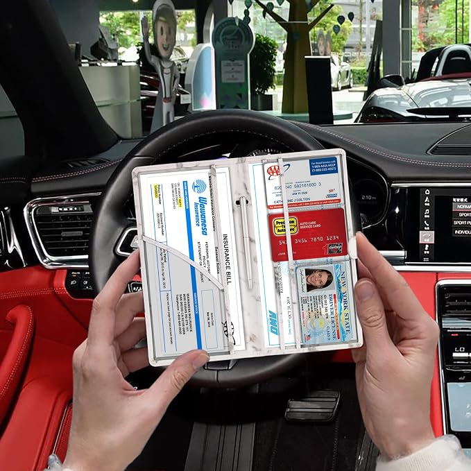 TOURSUIT Car Registration and Insurance Card Holder, Marble Grey | Vehicle License Document Organizer, Glove Box Compartment, Interior Car Accessories, For Women Men