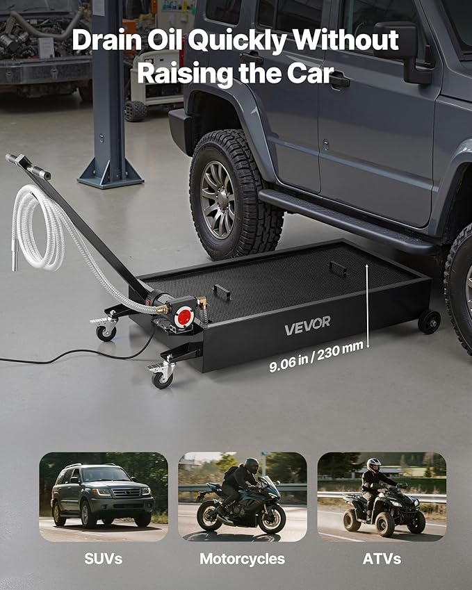 VEVOR Low Profile Oil Drain Pan, 20-Gallon Metal Oil Change Pan, Effective Oil Drain Cart with 180W Electric Pump, Wheels & Folding Handle, Oil Drain Tank for Cars, SUVs, Trucks, Buses, RVs