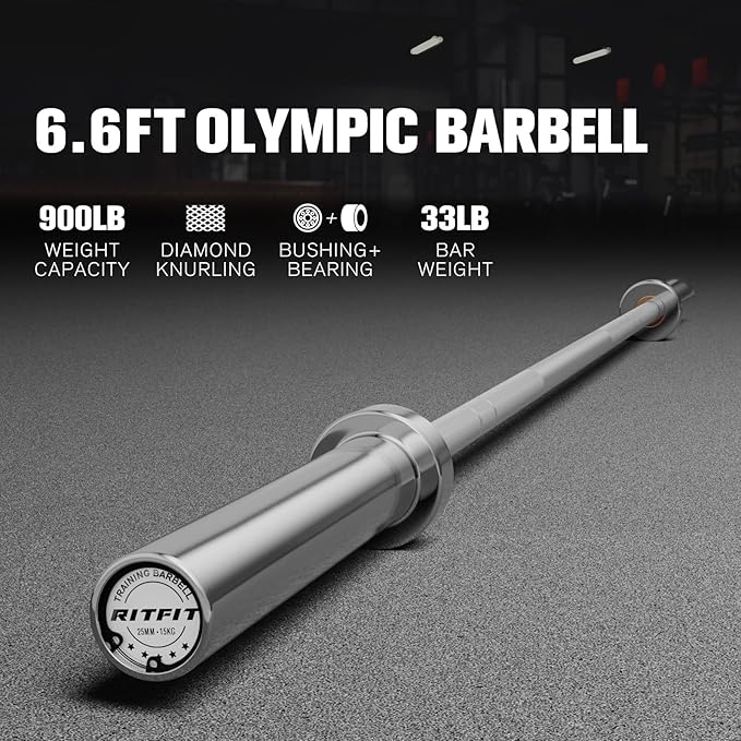 RITFIT 7FT Olympic Barbell for Strength and Weightlifting Training - 2 Inch Olympic Bar for Squat, Deadlift, Bench Press, Curl, Overhead Press - 500lbs/1000lbs/1500lbs Capacity