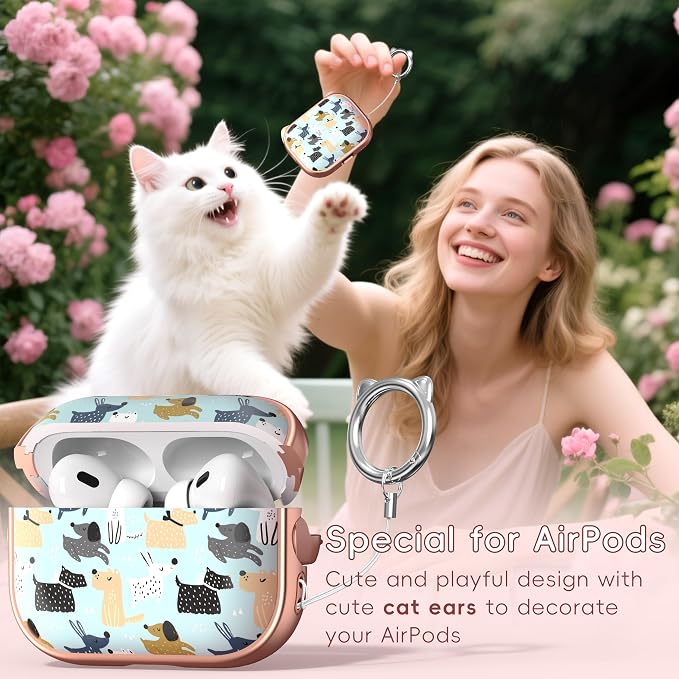 for AirPods Pro 2 Case with Cleaning Kit, Cute Cat Ear Print Design & Cute Buckle for Girls, Phone Holder & Top Safe Lock Buckle Design for AirPods Pro 2nd/1st Gen case, Rose Gold Animal