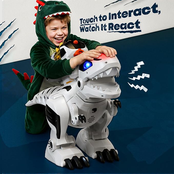 Ruko 8809 Robot Dinosaur Toys for Kids, Birthday Gift for Boys Age 3-8 | Interactive with Sound Effects, Remote Control T-Rex, STEM Programmable, Rechargeable, LED Eyes, Soft Dart, White