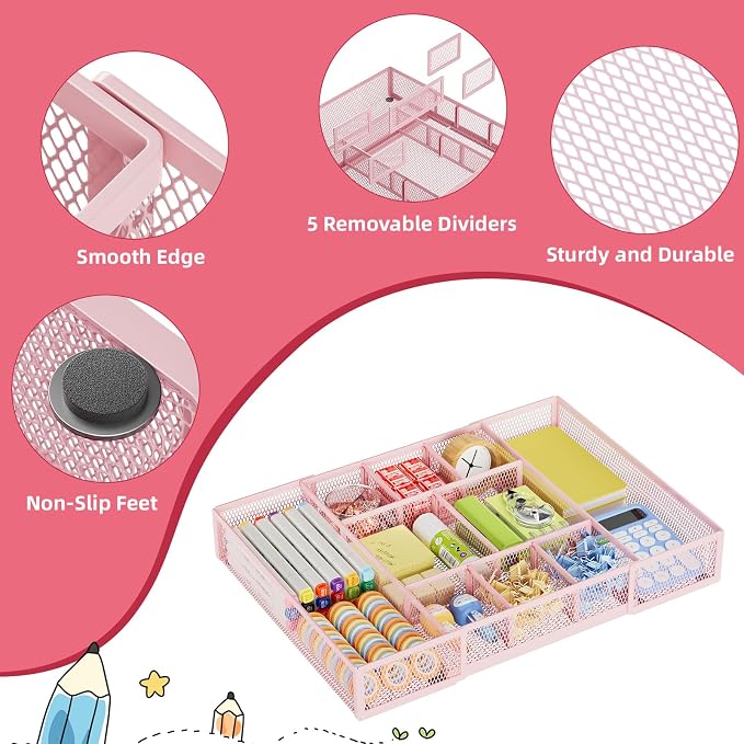 Marbrasse Expandable Desk Drawer Organizer, Mesh Tray with 10 Adjustable Compartments, Desk Organizers for Office Supplies, Makeup & Vanity (Expandable-Pink)