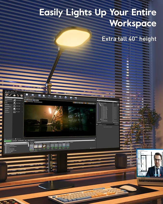 LitONES Tall LED Desk Lamps with Base, Edge-Lit Eye-Care, 50 Light Modes | 40" Height, Dimmable & Flexible, CRI>97.8, Memory and Timer Func, Stable Mental Base for Home Office, Video Calls & Drafting