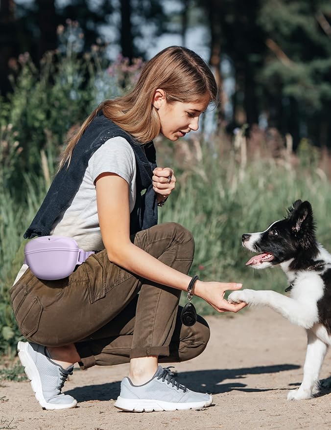 Dog Treat Pouch with Training Clicker, Upgrade Stronger Magnetic Closure to Avoid Spilling, 1.67 Cup Silicone Treat Bag Fanny Pack with Waist Belt for Pet Training Walking (Violet)