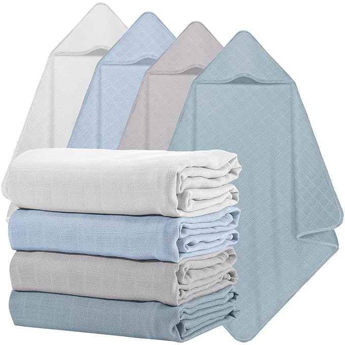 Preboun 4 Pcs Muslin Hooded Baby Towels,32"x 32" Cotton Newborn Bath Towel Muslin Infant Baby Blankets Absorbent Unisex Newborn Registry Gift for Girls Boys(Blue Series)