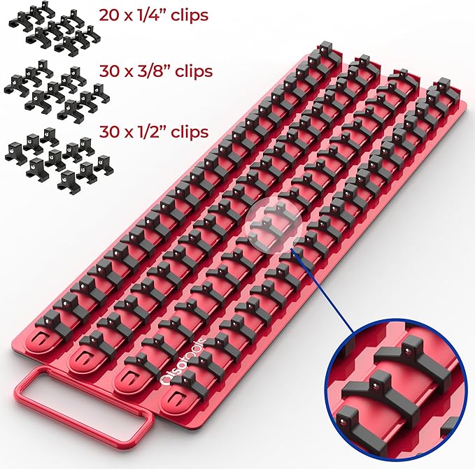Olsa Tools Socket Organizer Tray - Portable Red Rail with Black Clips - Stores 80 Sockets Securely - Professional-Grade Socket Holder - Part 1047