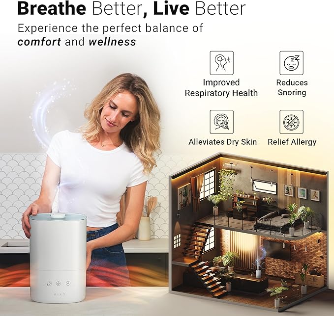 MIKO Ultrasonic Humidifiers for Bedroom Baby - Pre Filter, Wifi App controlled, Auto Mode, No Leak Design, Sleep Mode, Built-in Timer, Humidifier for Babies & Home