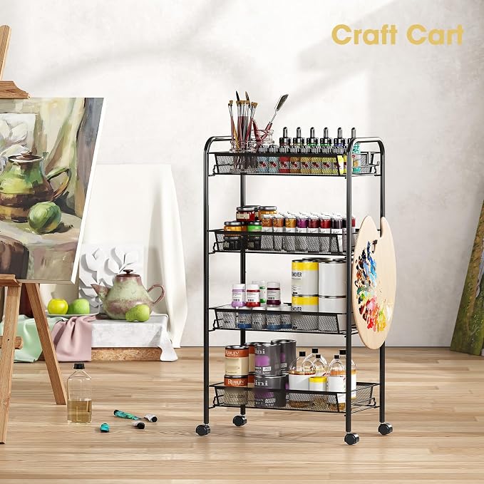 TOOLF 4-Tier Rolling Cart, Metal Utility Cart with 3 Hooks, Easy Assemble Mobile Storage Trolley On Wheels, Metal Shelving Units Kitchen Bathroom Laundry Room