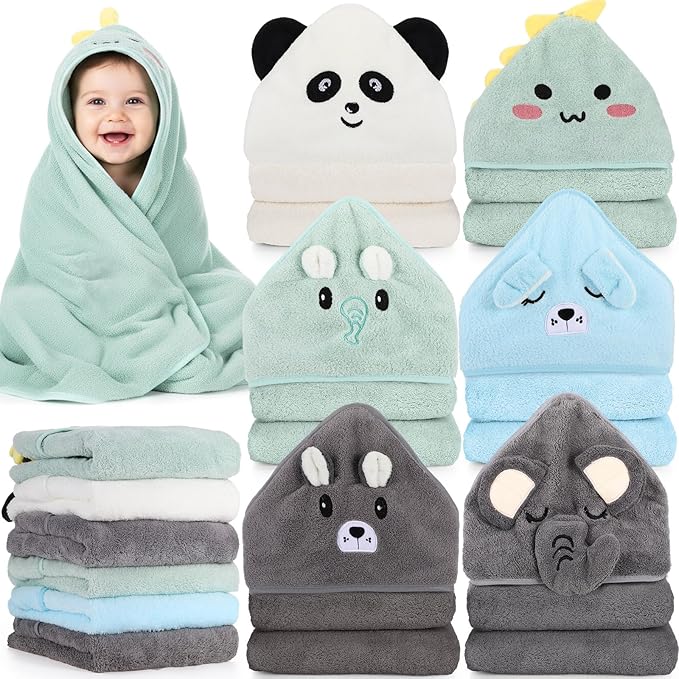 6 Pack Baby Hooded Towels Coral Fleece Baby Bath Towels 31.5 x 31.5 Inch Soft Absorbent Hooded Bath Blanket for Newborn Toddler Infant Boy Girl Shower Gift Supplies(Multicolor,Cute)