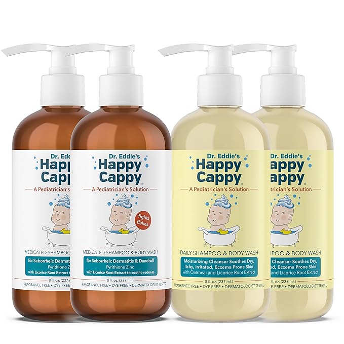 Happy Cappy Daily Medicated Shampoo and Body Wash Bundle - Baby Dandruff Shampoo, Helps Cradle Cap and Seborrheic Dermatitis, Reduces Redness, Dermatologist Tested, Fragrance-Free - 4 Pieces