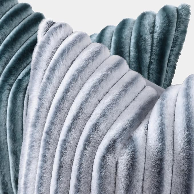 decorUhome Fall Faux Fur Throw Pillow Covers 18x18 Set of 2 Grey White | Decorative Soft Cozy Striped Plush Modern Farmhouse Boho Couch Pillow Cases Velvet Back for Sofa Bed Living Room Home Decor