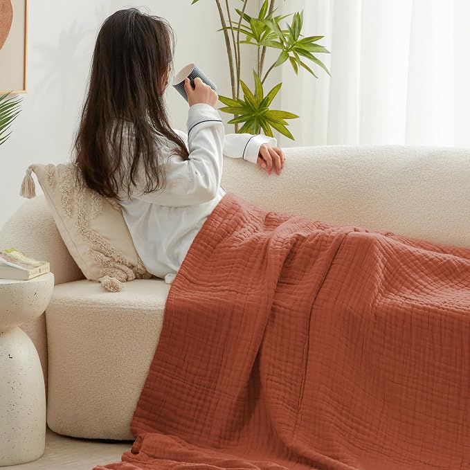 Love's cabin 100% Cotton Muslin Blanket, 6 Layer Lightweight Breathable Gauze Throw Blanket 50 x 60 Inches, Soft All Season Blanket for Couch, Bed, Sofa, Orange