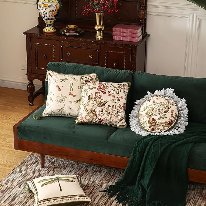 Designer French Velvet Throw Pillow Covers,Set of 4-Grace ABCD | Pillow Cover,Concealed Zipper Design,Dragonfly Pattern,Sofas,Bedroom,Living Room,Lounge Chairs,All Season Home Decor