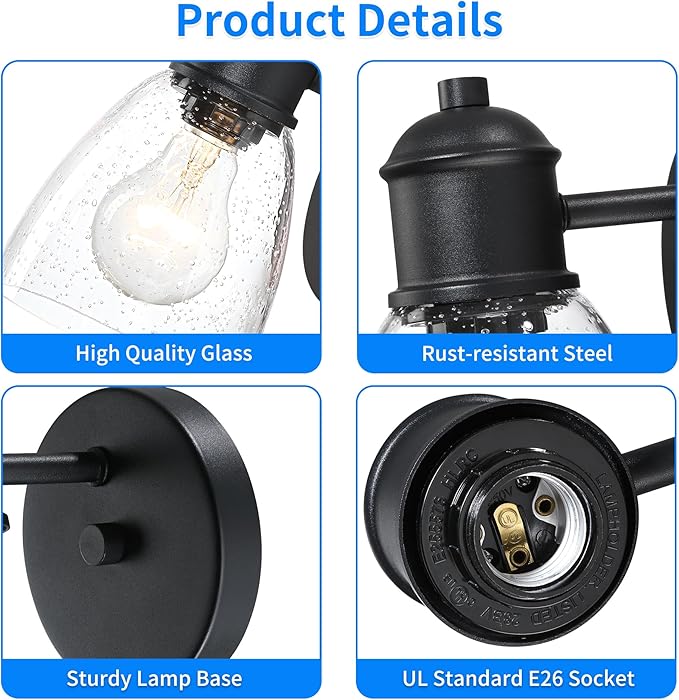 Black Wall Sconce Set ot Two, Hardwired Wall Lights for Bedroom, Modern Indoor Wall Light Fixtures with Seeded Glass for Bathroom Beside Mirror Living Room Hallway Kitchen