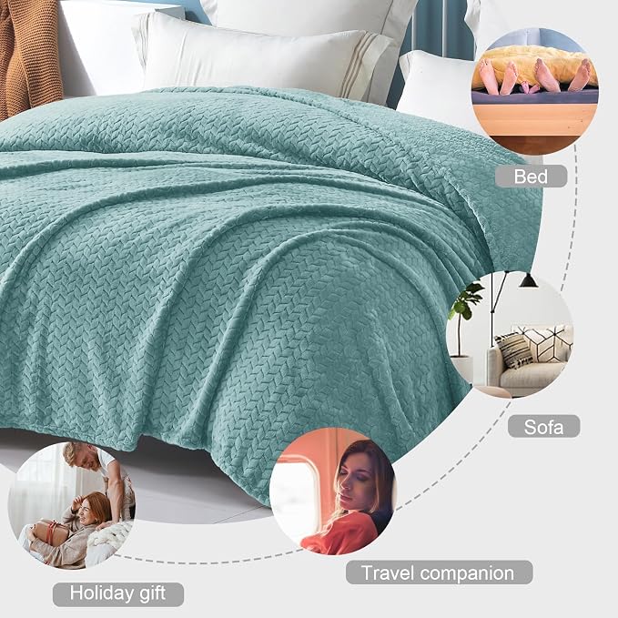 Exclusivo Mezcla Soft Fleece Bed Blanket Queen Size, 90”x90”, Celadon | Cozy Fluffy Lightweight Blankets for Summer, Decorative Plush Flannel Throws for Living room, Bedroom with Leaves Pattern