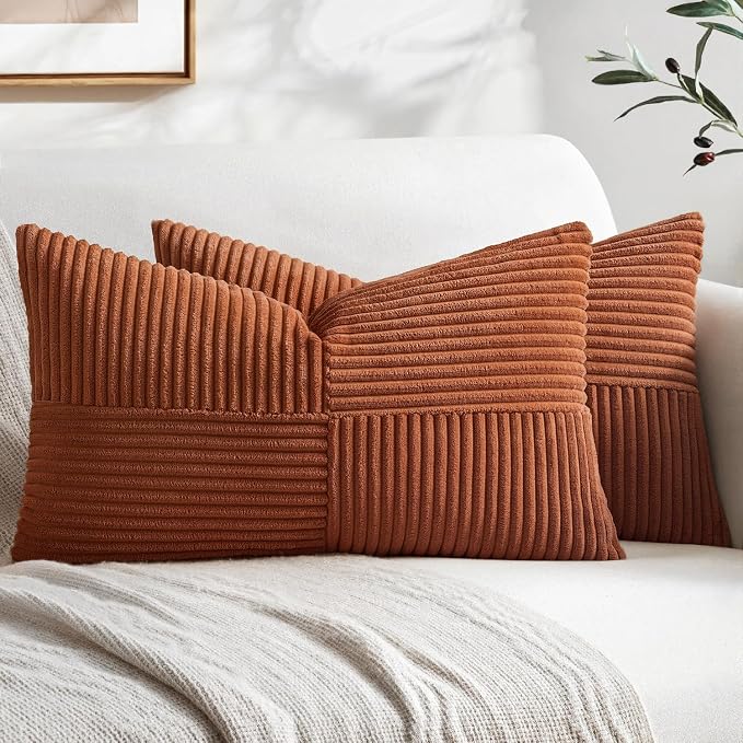 MIULEE Fall Rust Decorative Lumbar Throw Pillow Covers 12x24 Inch 2 Pack | Boho Farmhouse Pillow Covers, Soft Cross Corduroy Patchwork Textured Cushion Cases For Bed Sofa