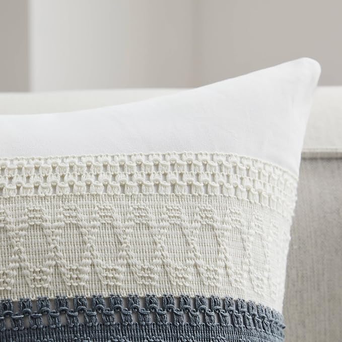 2pk Boho Pillow Covers 22x22, Natural White/Contrast/Navy | 100% Organic Cotton Body, Stripe Embroidery, Farmhouse Decorative Cushion Covers for Sofa Bed Living Room Home Decor