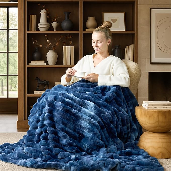 Cozy Bliss Faux Fur Throw Blanket for Couch, Cozy Warm Plush Striped Blanket for Sofa Bedroom Living Room, 60 * 80 Inches Tie-dye Blue