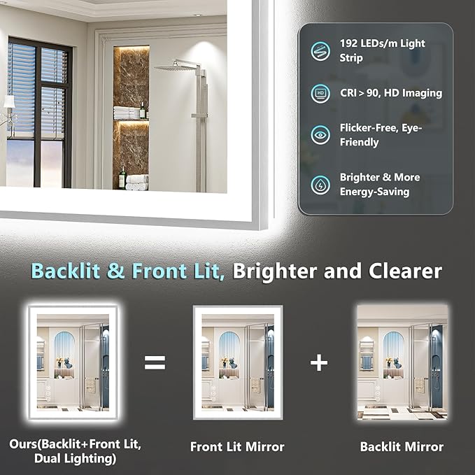 28x36 Brushed Nickel LED Bathroom Mirror with Lights, Sliver Framed Backlit and Front Lit Anti-Fog Lighted Vanity Mirrors for Bathroom Wall, Dimmable, 3 Colors, Memory, Tempered Glass, CRI＞90