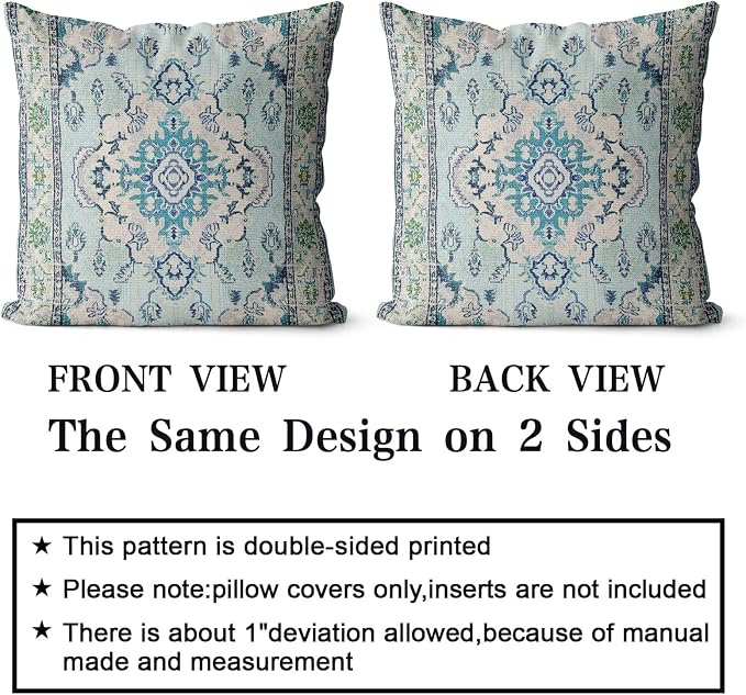 Snycler Boho Throw Pillow Covers 20x20 inch Set of 2 Teal Blue Boho Rug Carpet Double Sided Pattern Cotton Soft Pillow Case Cushion Cover Pillowcase for Couch Sofa Bed Decorative
