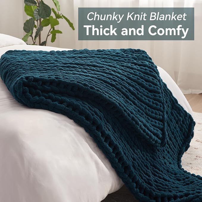 Negwoo Chunky Knit Throw Blanket, Knitted Throw Chenille Yarn, 50"*60" | Soft Thick Cable Knitted Blankets, Handmade Big Thick Blanket,Machine Washable Cute Comfy Blanket for Home Decor,Peacock blue